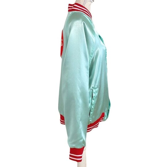 TUESDAY BASSEN MIXED EMOTIONS SATIN BOMBER JACKET IN MINT AND RED - XL - Picture 3 of 11